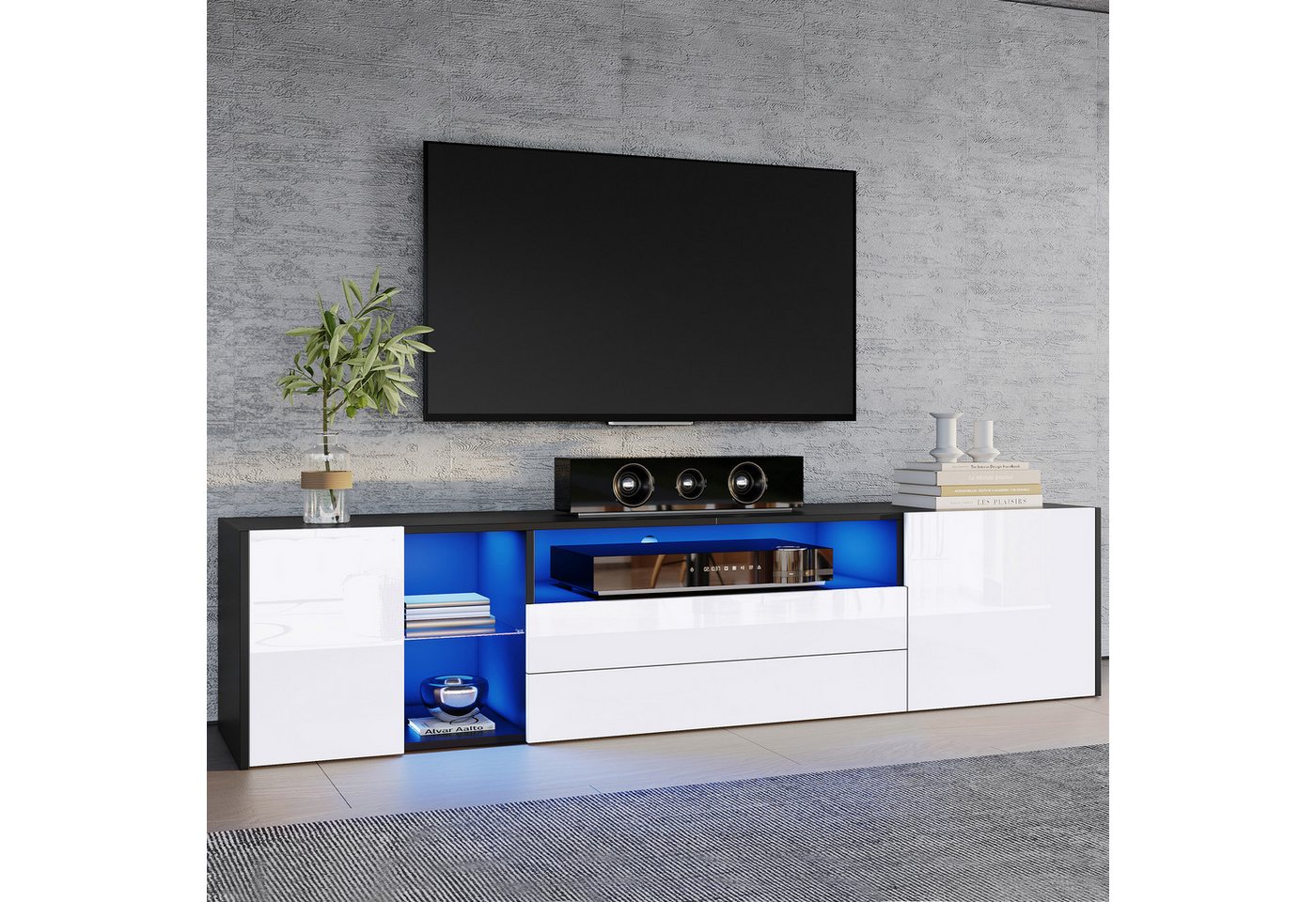 Merax Lowboard mit LED-Beleuchtung und Hochglanzfront (180 x 40 x 45 cm, 1 St., TV-Standschrank mit App-gesteuerter Beleuchtung), TV-Schrank Fernsehschrank mit 2 Schubladen,2 Schränken und Glasablage von Merax