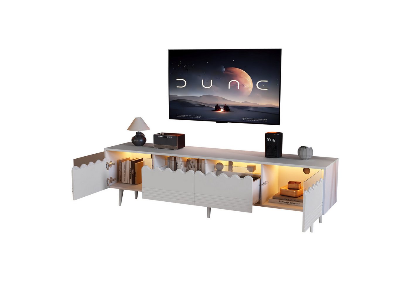 Merax Lowboard mit LED-Beleuchtung und USB-Anschluss (Fernsehschrank Fernsehtisch für Wohnzimmer & Schlafzimmer, 1 St., 176*38*45cm), TV-Schrank mit gehärtetem Glas, 2 Schubladen und 2 Türen von Merax