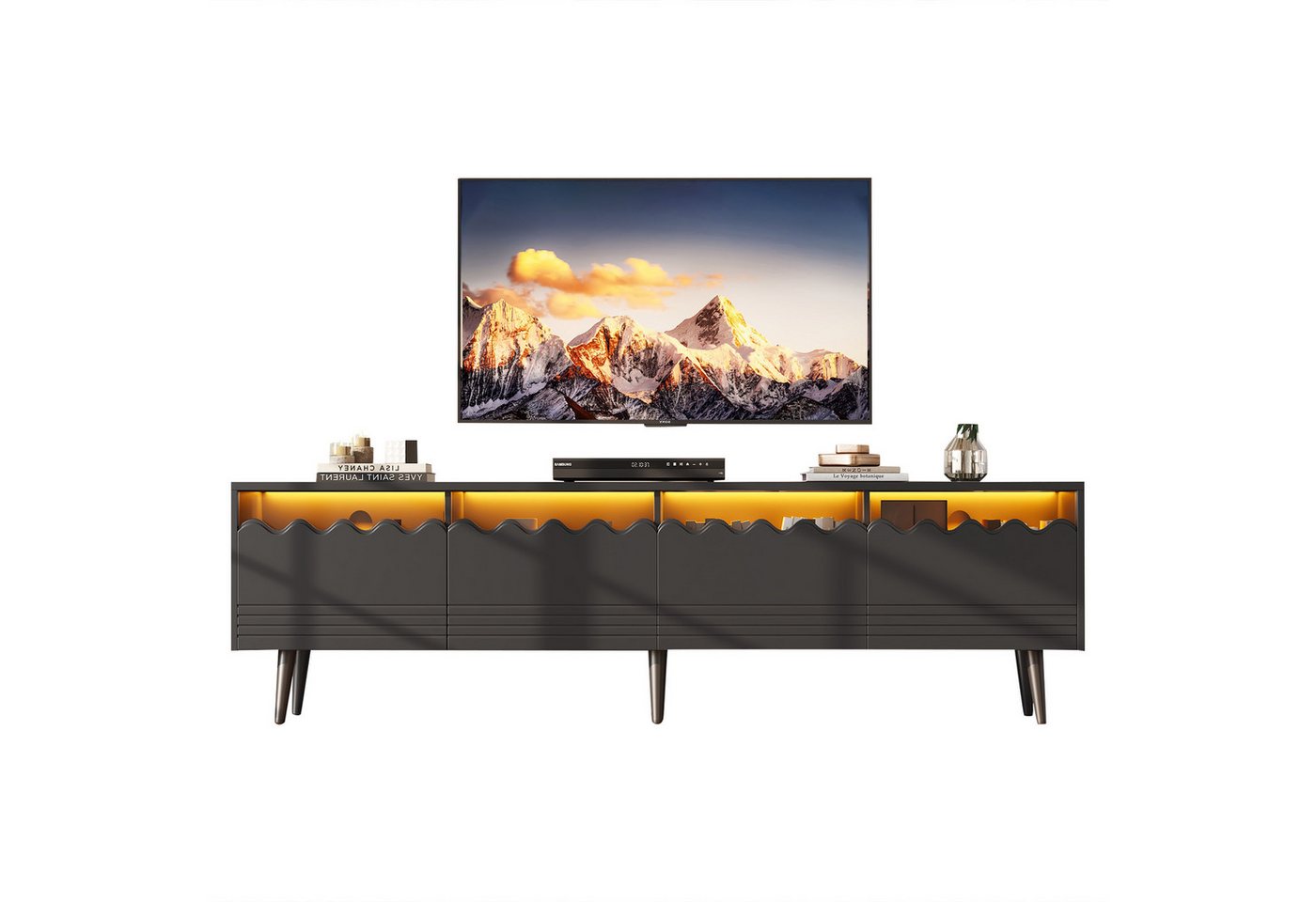 Merax Lowboard mit LED-Beleuchtung und USB-Anschluss (Fernsehschrank Fernsehtisch für Wohnzimmer & Schlafzimmer, 1 St., 176*38*45cm), TV-Schrank mit gehärtetem Glas, 2 Schubladen und 2 Türen von Merax