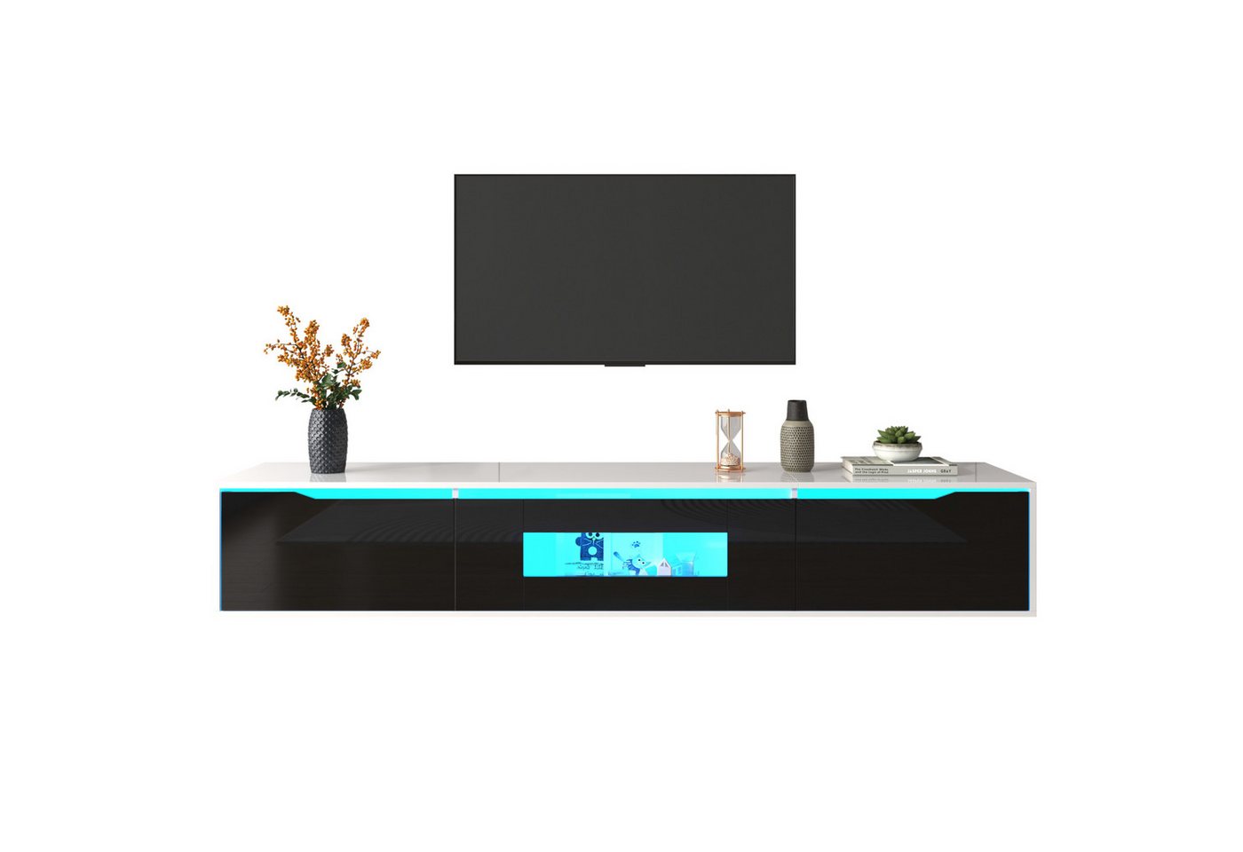 Merax Lowboard mit LED und Klapptüren, freistehend/hängend, TV-Schrank hochglanz, TV-Board Scandi, Breite:180cm von Merax