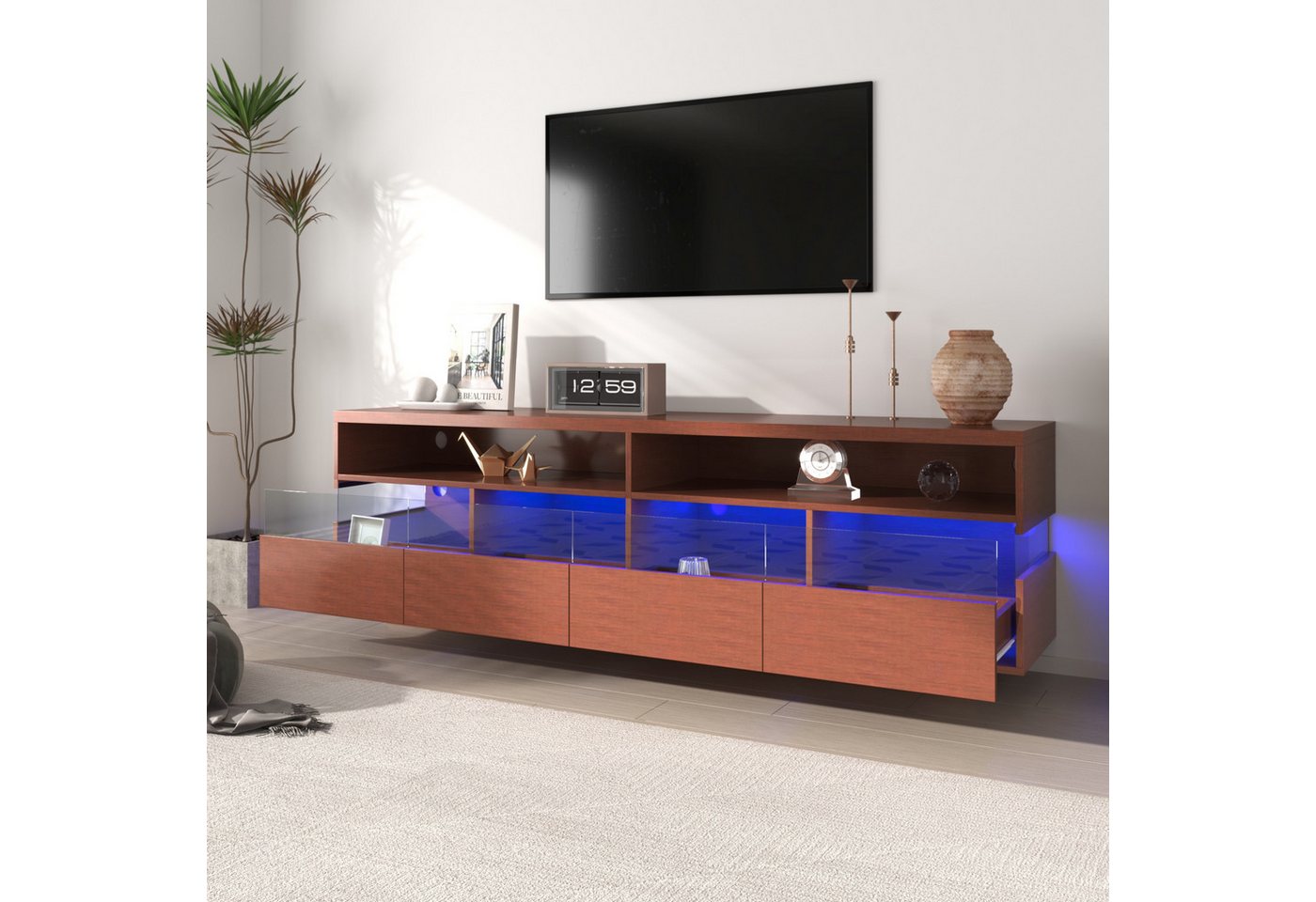 Merax Lowboard mit Nischen und Schubladen, Tv-Schrank mit LED, TV-Board, Fernsehtisch Landhaus, B:175cm von Merax