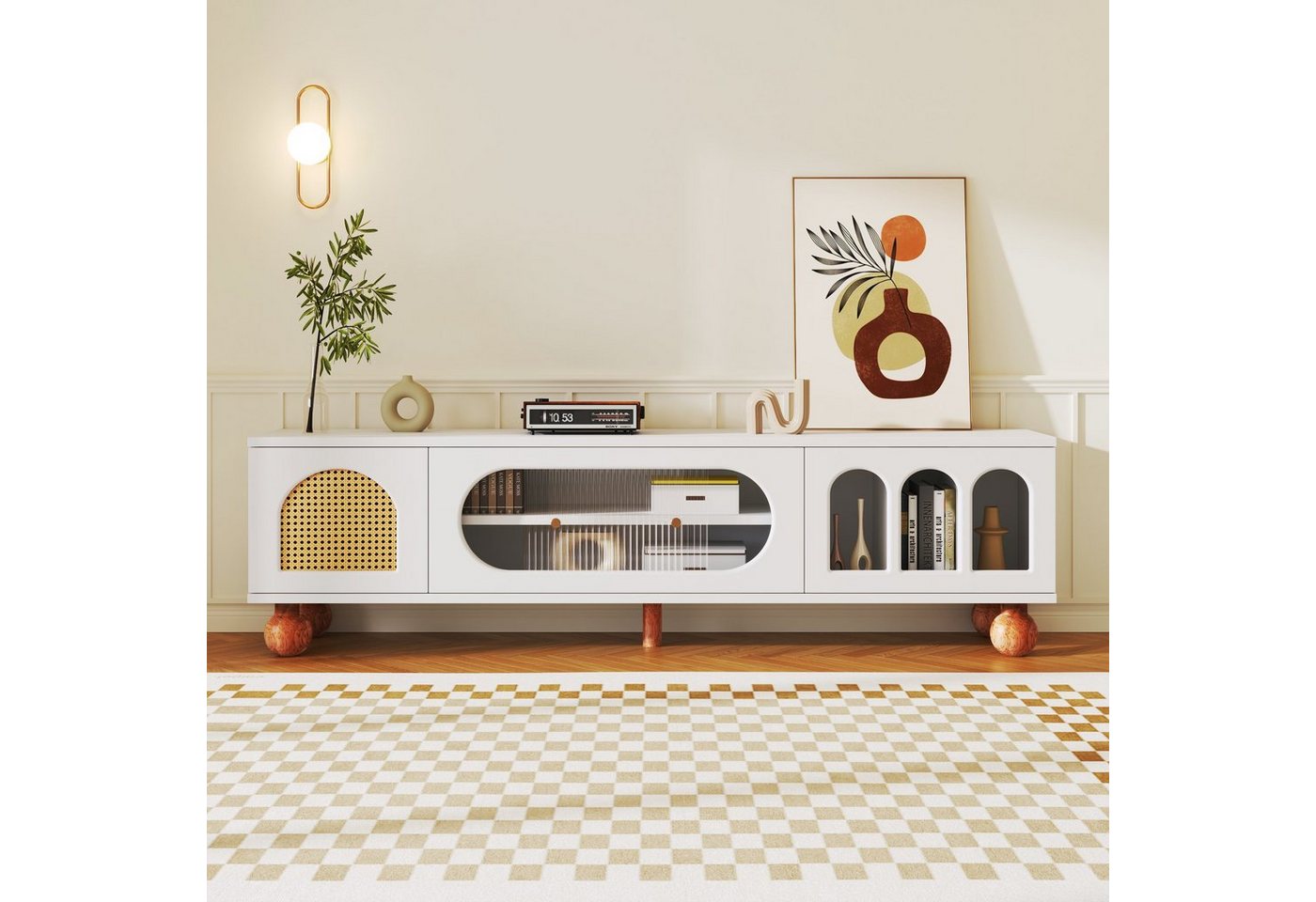 Merax Lowboard mit Rattantür und Glastüren, TV-Schrank mit Stauraum, TV-Board Landhaus, Fernsehtisch, Breite:170cm von Merax