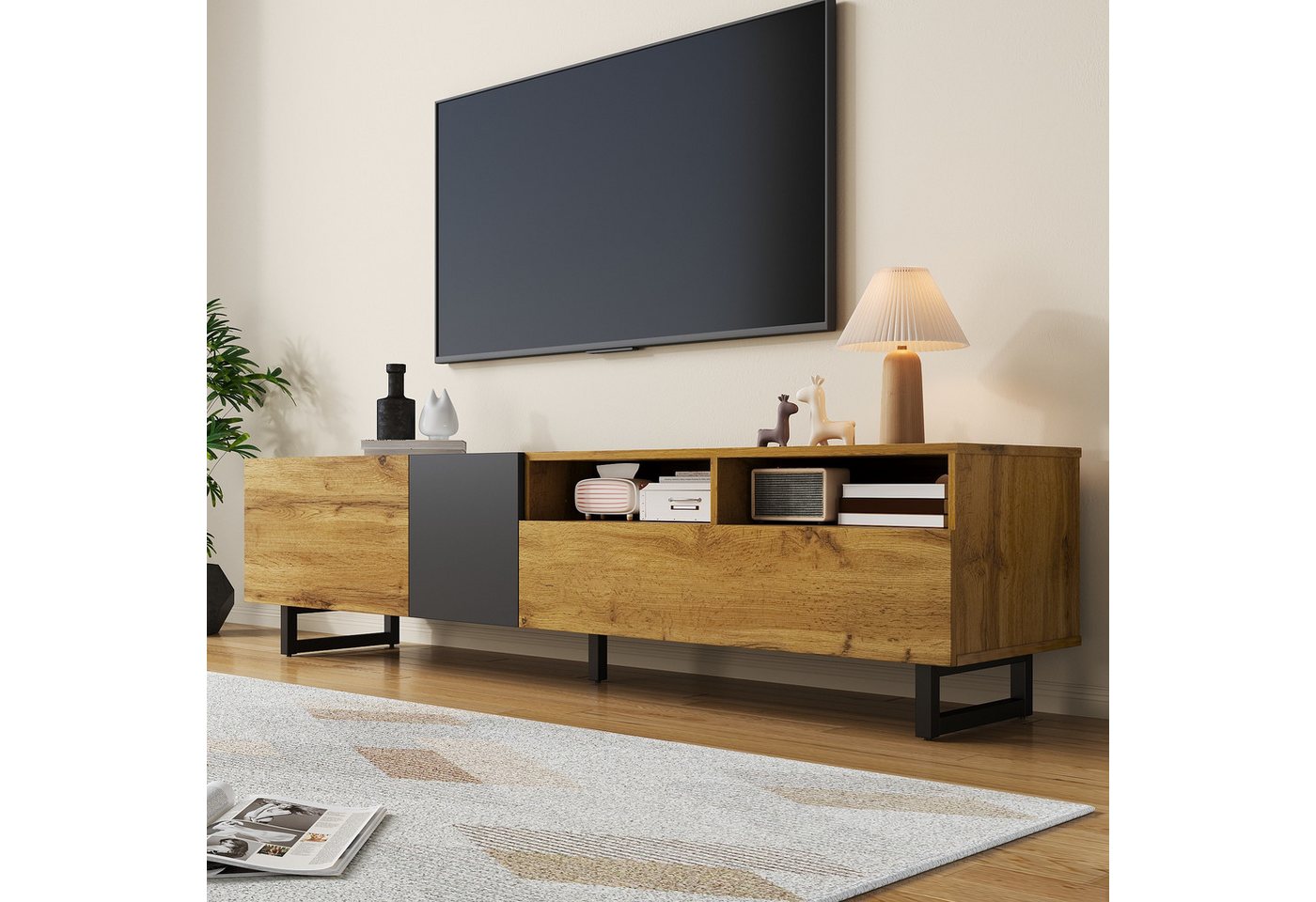 Merax Lowboard mit U-förmige Metallbeine, in Retro-Design (1 St), TV-Schrank mit 3 Türen und 2 offenen Staufächern, 170x36,5x42cm von Merax