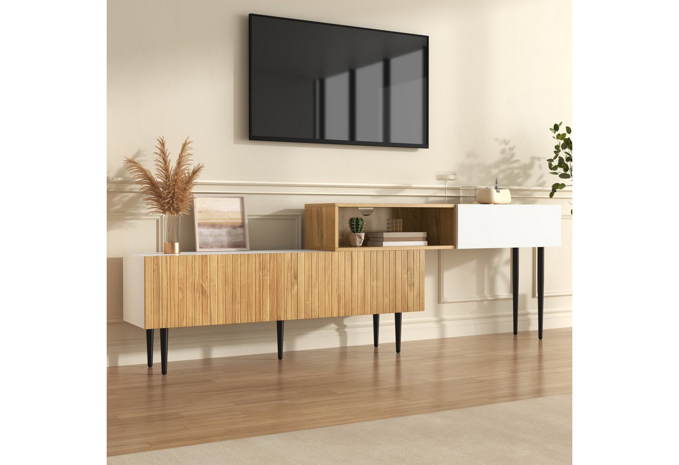 Merax Lowboard mit schwarzen Metallbeinen, in Holzoptik & Weiß (1 St., 120+120x30x63,5cm), TV-Schrank mit 2 Klapptüren, verdeckten Staufächern & offenen Regalen von Merax
