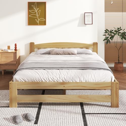 Merax Massivholzbett Doppelbett Futonbett 140x200 cm - Solides Naturbett mit Kopfteil und Lattenrosten für Jugendliche und Erwachsene Natur (ohne Matratze) von Merax