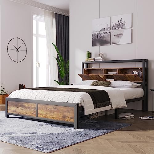 Merax Metallbett Bettgestell mit Holz Stauraum-Kopfteil und Metall Lattenrost, Doppelbett 140 x 200 cm für Schlafzimmer, Jugendbetten für Erwachsene, Kinder, Jugendliche, Schwarz Industrielles Bett von Merax