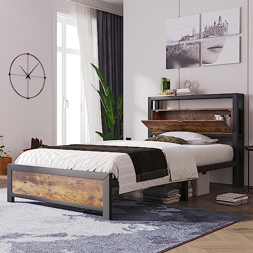 Merax Metallbett Bettgestell mit Holz Stauraum-Kopfteil und Metall Lattenrost, Einzelbett 90 x 200 cm für Schlafzimmer, Jugendbetten für Erwachsene, Kinder, Jugendliche, Schwarz Industrielles Bett von Merax