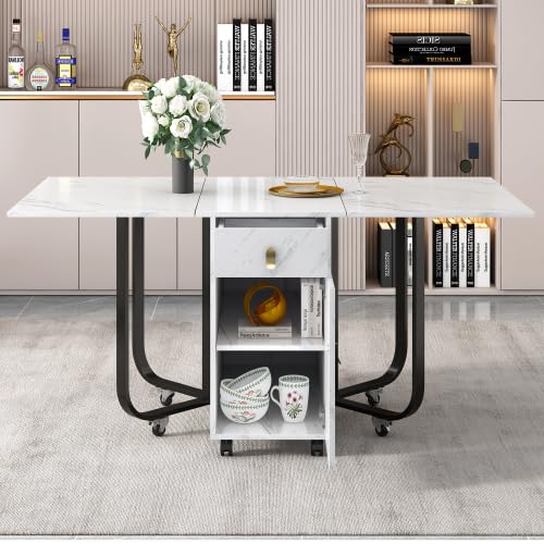 Merax Mobiler Klapptisch mit Schubladen&Aufschrank, 43/150x80x76cm Esszimmertisch mit Rollen Küchentisch Couchtisch Modern Freizeittisch in 3 Formen, für Heim&Büro, Schwarz und Weiß von Merax