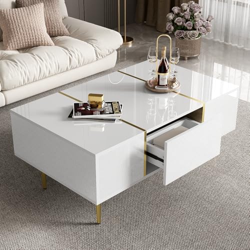 Merax Moderner Hochglanz Couchtisch in Weißer, goldenen Elementen, 2 Schubladen, 100 x 60 x 41,5 cm, pflegeleicht und mit Schutzfolie Merax Moderner Hochglanz Couchtisch in Weißer, goldenen Elementen, 2 Schubladen, 100 x 60 x 41,5 cm, pflegeleicht und mit Schutzfolie von Merax