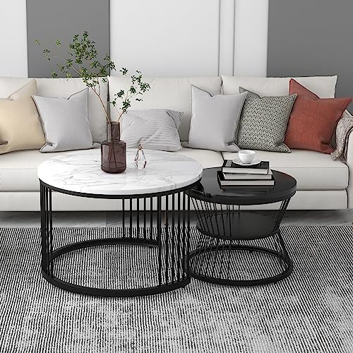 Merax Couchtisch 2er Set Beistelltisch schwarzer Rahmen Runder Tisch Wohnzimmer Sofatisch Rund Beistelltisch Weiss Rund Wohnzimmer Tisch Runder Couchtisch von Merax