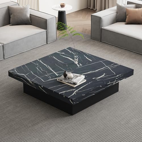 Merax Moderner Quadratischer Couchtisch Mit Vier Schubladen und schiebbarer Tischplatte in Schwarz mit Marmor-Optik, 90x90x25 cm Merax Moderner Quadratischer Couchtisch Mit Vier Schubladen und schiebbarer Tischplatte in Schwarz mit Marmor-Optik, 90x90x25 cm von Merax