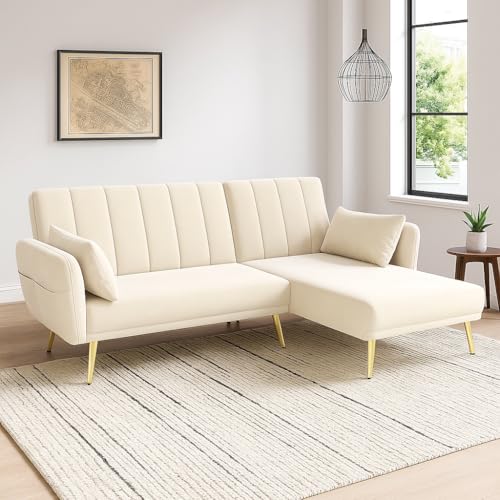Merax Multifunktionales Ecksofa L-förmiges Schlafsofa mit Schlaffunktion, Chaiselongue austauschbar, geeignet für Wohnzimmer, Schlafzimmer, Heimkino, Gästezimmer (Beige, 191.5 * 130.5 * 80cm) von Merax