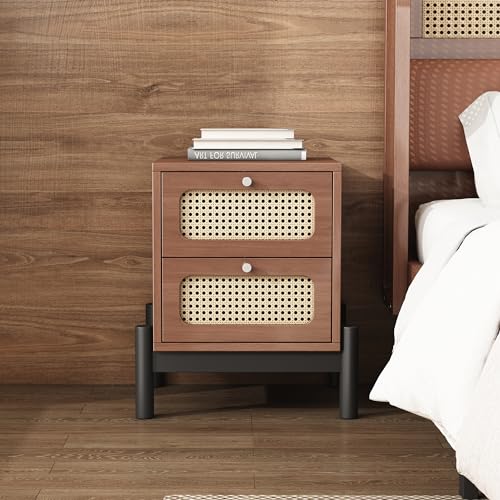 Merax Nachttisch Nachtschrank Kleine Kommode Nightstand mit 2 Schubladen und Rattan-Schubladenplatte Wohnzimmer Schlafzimmer Nachtisch von Merax