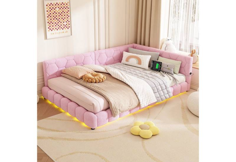 Merax Polsterbett, LED und USB, Tagesbett Teddy-Plüsch Schlafsofa Doppelbett 140x200cm von Merax