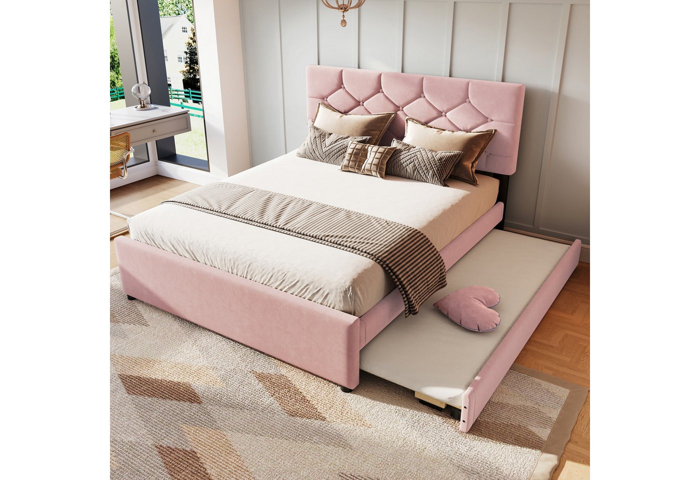 Merax Polsterbett (1-tlg), Doppelbett 140x200cm mit Ausziehbett 90x190cm und Lattenrost, Samt von Merax