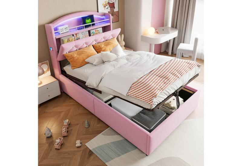 Merax Polsterbett (1-tlg), Kinderbett 90x200cm mit LED USB Ablagefach Stauraum,Samt Einzelbett von Merax