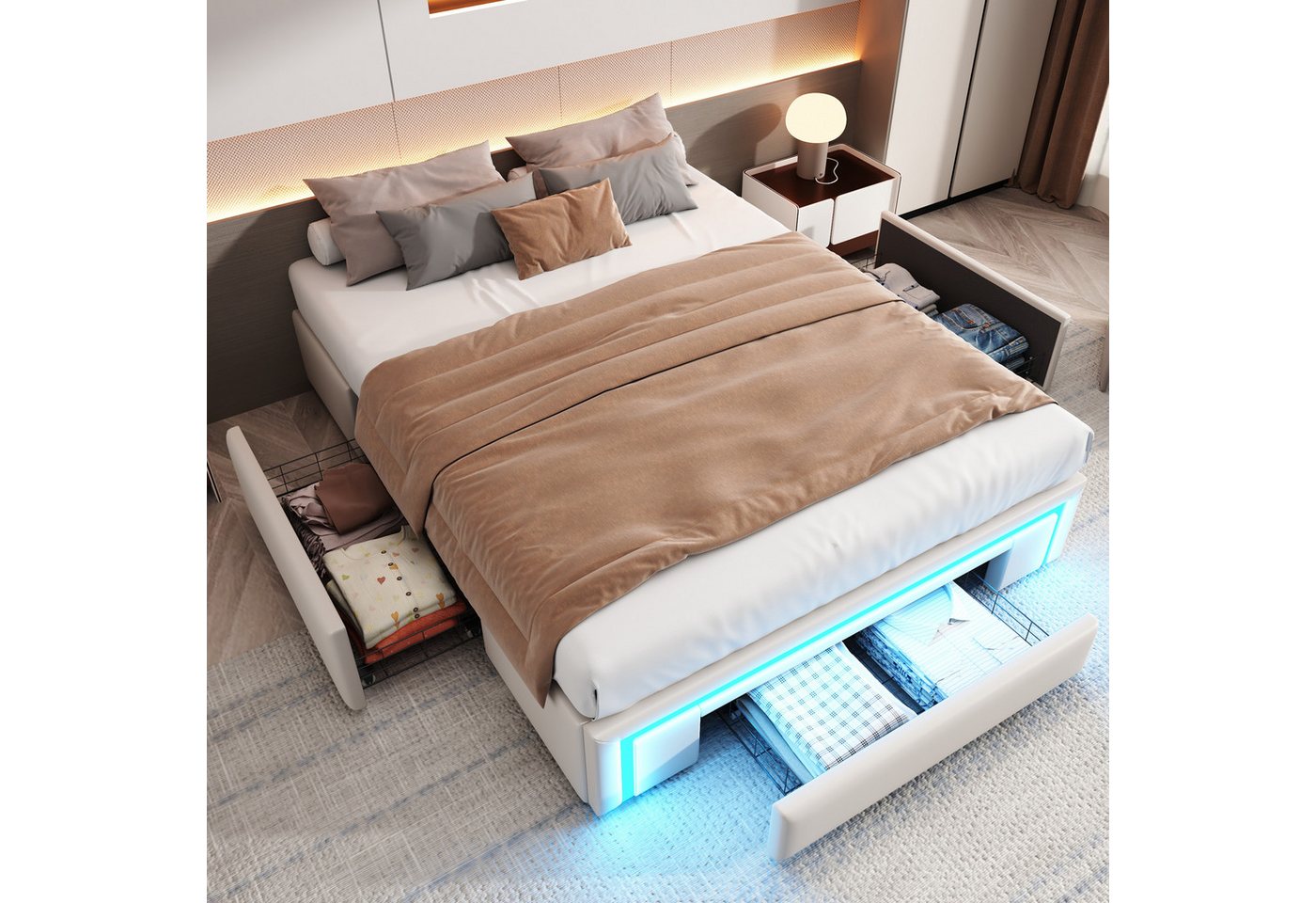 Merax Polsterbett (1-tlg), Plattformbett Doppelbett 140x200cm mit LED & 3 Schubladen, Kunstleder von Merax