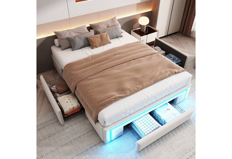 Merax Polsterbett (1-tlg), Plattformbett Doppelbett 140x200cm mit LED & 3 Schubladen, Kunstleder von Merax
