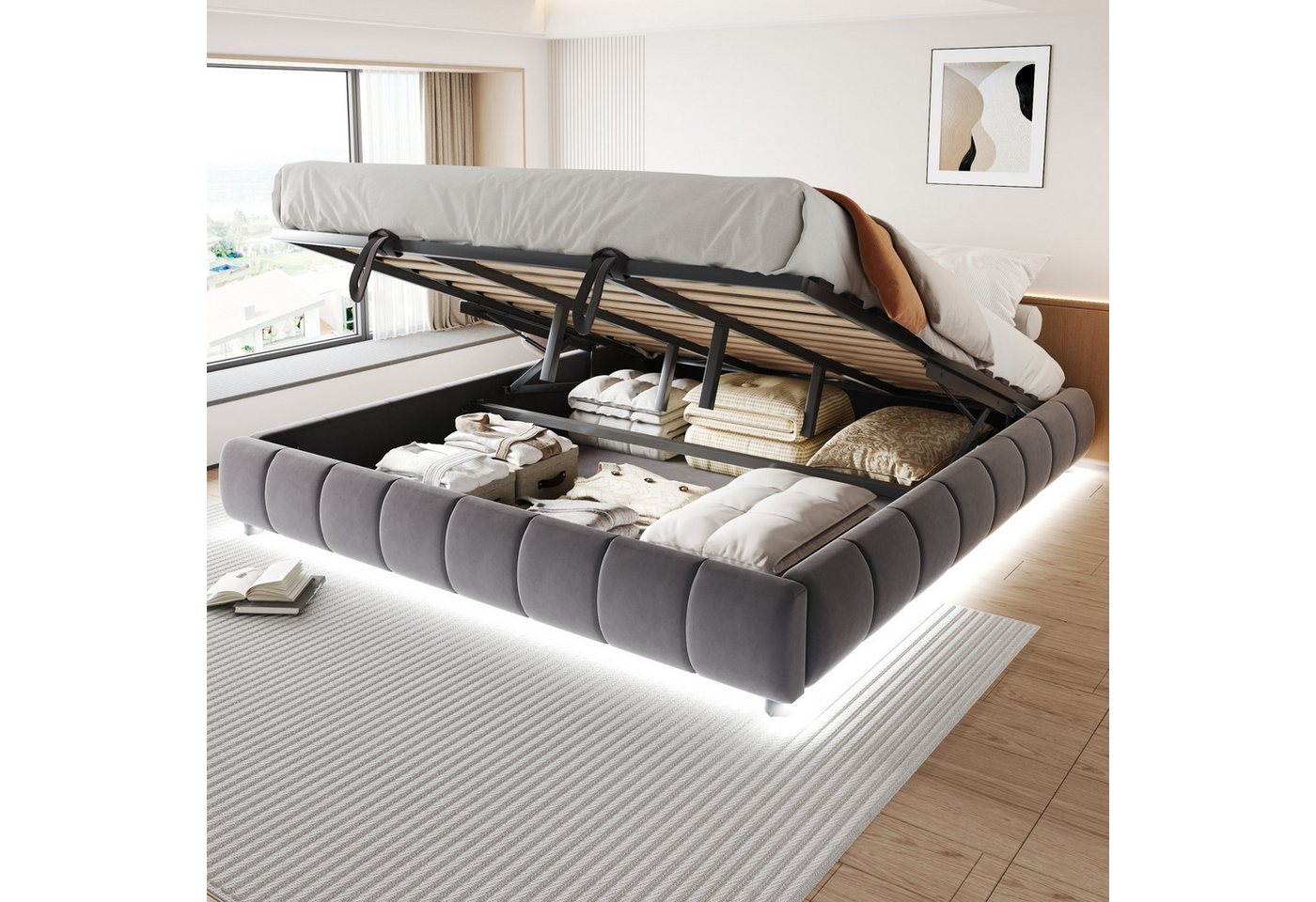 Merax Polsterbett (Doppelbett mit Metallrahmen und Samtstoff, 1-tlg), Hydraulisches Stauraumbett 180x200cm mit LED-Lichtleiste,ohne Kopfteil von Merax