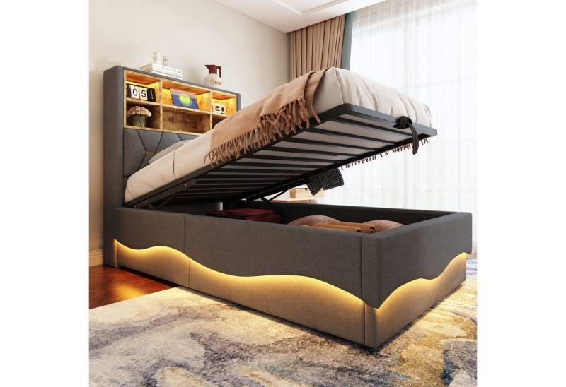 Merax Polsterbett (Kinderbett Jugendbett Einzelbett mit Metall-Lattenrost, 1-tlg), Hydraulisches Stauraumbett 90x200cm mit LED, USB und Ablagefächern von Merax