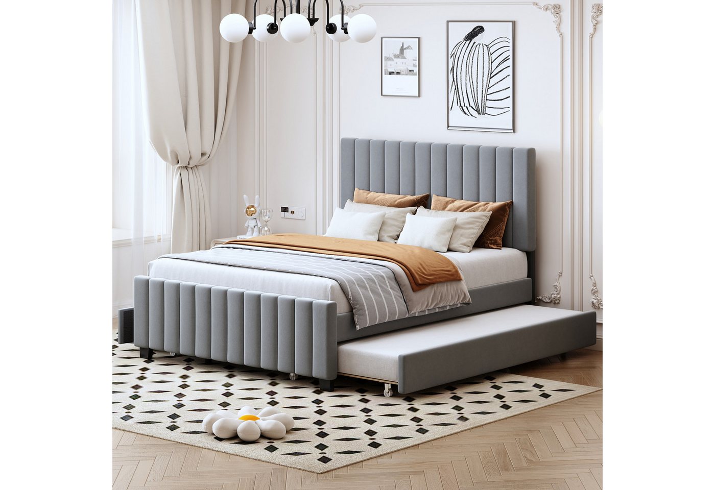 Merax Polsterbett 140x190cm mit Ausziehbett 90x190cm (Jugendbett Stauraumbett, 1-tlg), Doppelbett mit 2 Schubladen und gepolstertes Kopfteil, Samtstoff von Merax