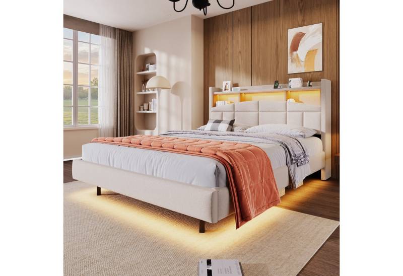 Merax Polsterbett 140x200cm mit LED-Beleuchtung & USB & Type-c, Doppelbett mit Flip-Top-Fachboden, Kopfteil mit Ablage, Leinen von Merax
