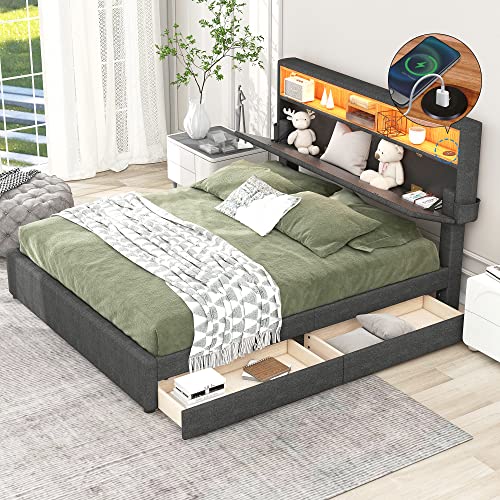 Merax Polsterbett 140x200cm mit Schubladen, LED-Beleuchtung, USB und Großer Stauraum Kopfteil, Doppelbett Bettgestell mit Lattenrost und Verstellbares Kopfteil, Leinenmaterial, ohne Matratze, Grau Merax Polsterbett 140x200cm mit Schubladen, LED-Beleuchtung, USB und Großer Stauraum Kopfteil, Doppelbett Bettgestell mit Lattenrost und Verstellbares Kopfteil, Leinenmaterial, ohne Matratze, Grau von Merax