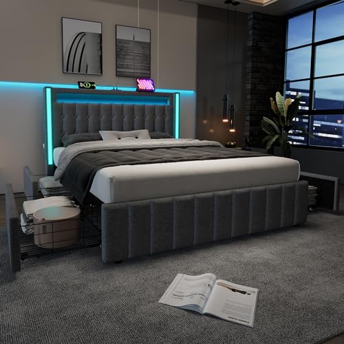 Merax Polsterbett 160x200cm mit 4 Schubladen, Modern Doppelbett Bettgestell mit LED und USB Typ C Ladefunktion, Lattenrost aus Holz, Stauraumbetten, Jugendbetten, Leinenmaterial, ohne Matratze, Grau von Merax