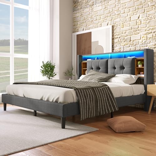 Merax Polsterbett 160x200cm mit LED-Beleuchtung und Aufladen USB, Doppelbett Bettgestell mit Lattenrost und Stauraum Kopfteil, Leinenmaterial, Erwachsenen Jugendbett, ohne Matratze, Grau Merax Polsterbett 160x200cm mit LED-Beleuchtung und Aufladen USB, Doppelbett Bettgestell mit Lattenrost und Stauraum Kopfteil, Leinenmaterial, Erwachsenen Jugendbett, ohne Matratze, Grau von Merax