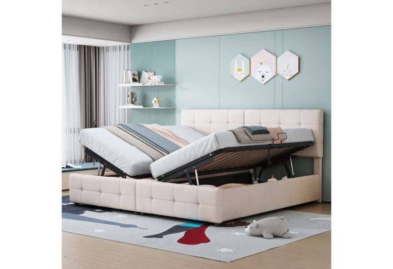 Merax Polsterbett 180x200 cm mit hydraulischem Stauraum (umbaubar zu zwei 90x200 cm Kinderbetten, 1-tlg., 2-in-1 Funktion), Doppelbett Kinderbett mit höhenverstellbarem Kopfteil, Samtstoff von Merax