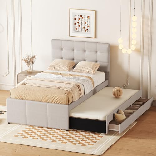 Merax Polsterbett 90 x 200 cm mit 3 Schubladen, Einzelbett Bettgestell mit ausziehbares Bett, Familienbett mit Lattenrost und Höhenverstellbarem Kopfteil, Leinenmaterial, ohne Matratze, Beige von Merax