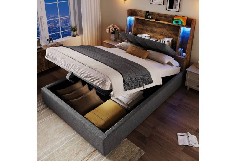 Merax Polsterbett 90x200cm mit LED, USB & Typ-C Ladeanschluss (LED mit Touch/App-Steuerung, 1-tlg., Jugendbett Mehrzweckbett aus Leinen), hydraulischem Stauraum, Flip-Top-Aufbewahrungsfach & offenen Regalen von Merax