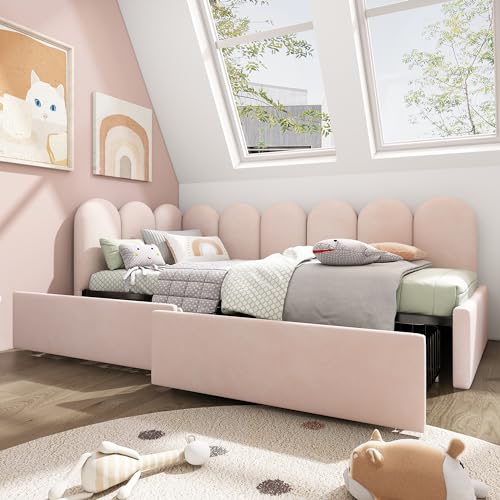 Merax Polsterbett 90x200cm mit Schubladen, Tagesbett Einzelbett mit Lattenrost aus Holz, Funktionsbett Stauraumbett, Schlafsofa als Jugendbett & Kinderbett & Gästebett, Samt, Ohne Matratze, Rosa von Merax