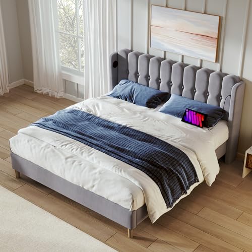 Merax Polsterbett Doppelbett 140 x 200 cm mit USB Typ-C Ladefunktion, Bettgestell mit Lattenrost, Grau Leinenbett, Gepolstertes Bett für Schlafzimmer und Gästezimmer, Jugendbett - Ohne Matratze von Merax