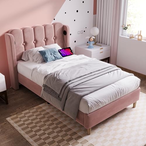 Merax Polsterbett Einzelbett 90x200 cm mit USB Typ-C Ladefunktion, Rosa Samt,Mit Lattenrost und Kopfteil im Design-Paneel, Gepolstertes Bett für Schlafzimmer und Gästezimmer Ohne Matratze von Merax