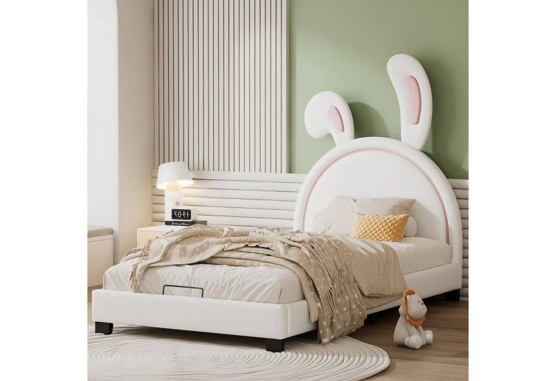 Merax Polsterbett Einzelbett 90x200cm, Hasenohr-Kopfteil und Lattenrost, Kinderbett aus Kunstleder von Merax