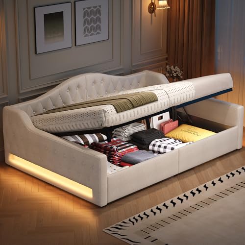 Merax Polsterbett Schlafsofa 140x200 mit LED-Beleuchtung und hydraulischem Stauraum, Bettgestell 140x200 mit Lattenrost aus Holz, Daybett Tagesbett Gästebett Jugendbett, Leinen, Beige (ohne Matratze) von Merax