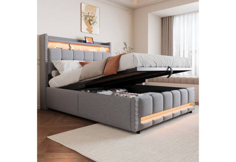 Merax Polsterbett aus Leinen (Stauraumbett Mehrzweckbett), hydraulisch Doppelbett 140x200cm mit LED USB-Steckdose Stauraum Regal von Merax