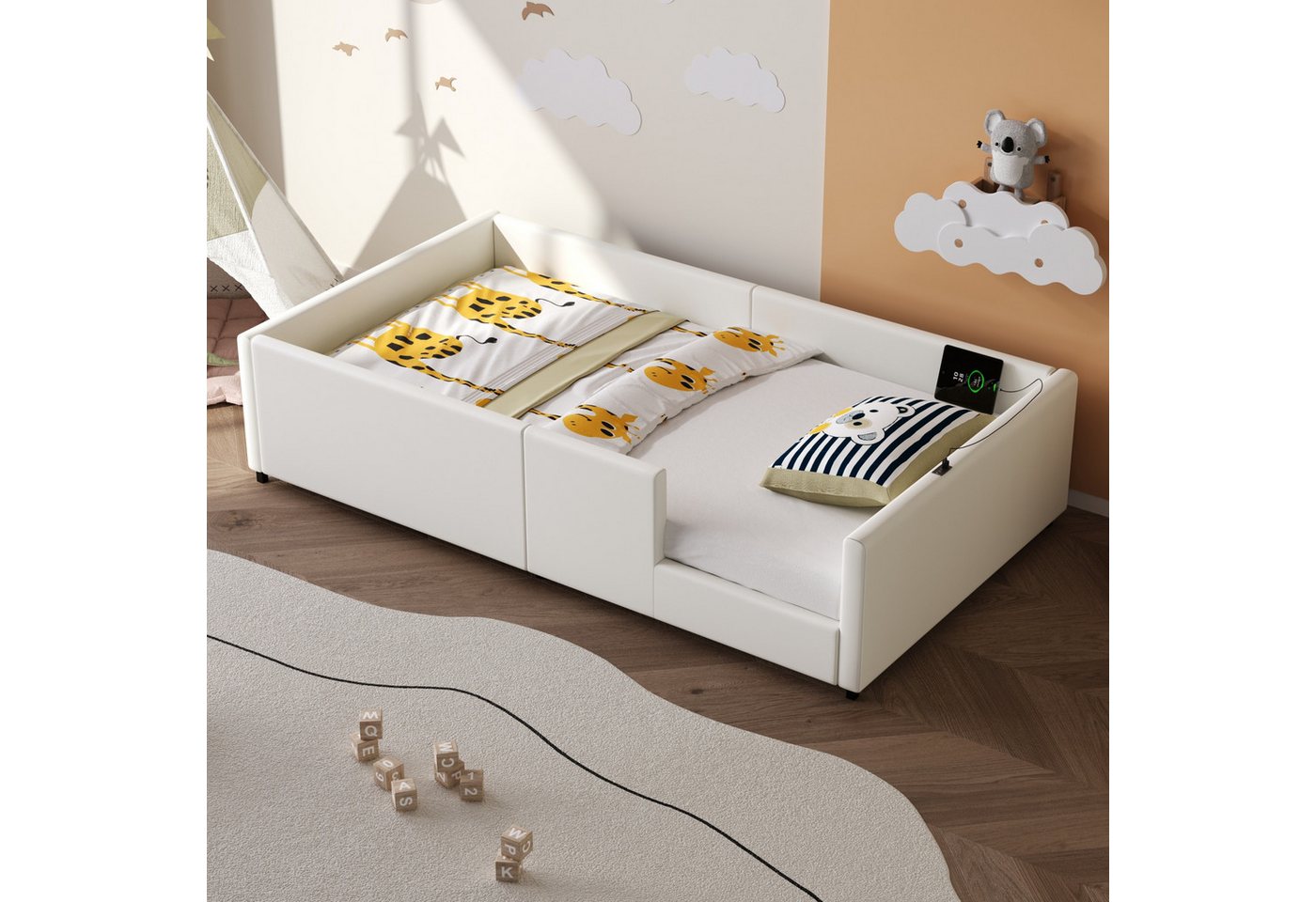 Merax Polsterbett gepolstertes Plattformbett Jugendbett mit USB & Typ-C (1-tlg), Kinderbett 90x200cm mit Schutzgeländer und Holzrahmen, Kunstleder von Merax
