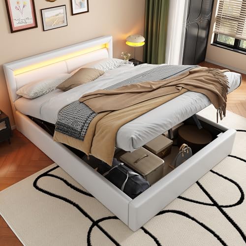 Merax Polsterbett mit LED Beleuchtung, 140 x 200 cm Doppelbett mit Lattenrost und Stauraum, mit Beleuchtetem Kopfteil in diversen Farben, Weiß von Merax