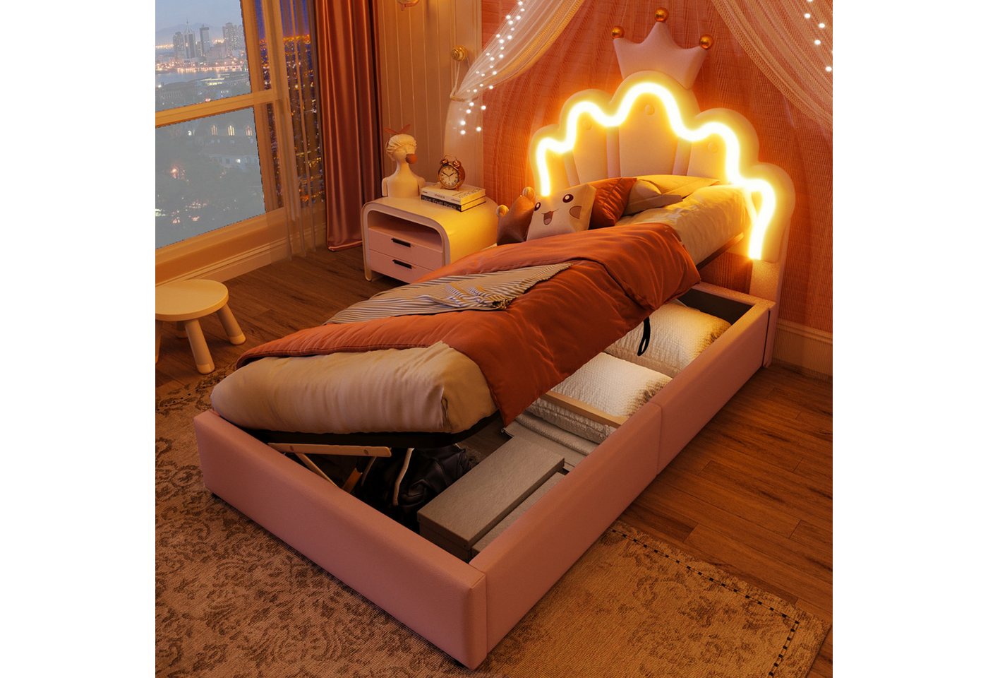 Merax Polsterbett mit LED-Beleuchtung inkl.Fernbedienung und Kronen-Design (Hydraulisches Stauraumbett Jugendbett Einzelbett, 1-tlg., Kunstleder), Kinderbett 90x200cm mit hydraulischer Stauraum, verstellbarem Kopfteil von Merax