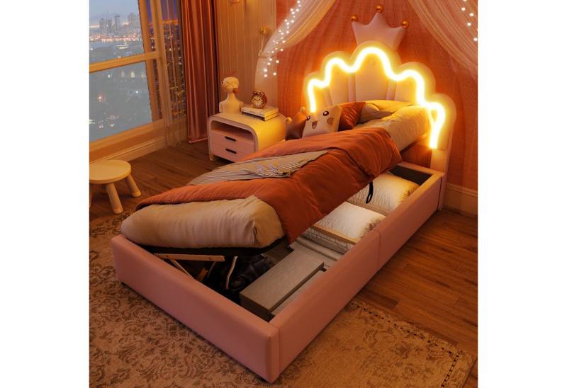 Merax Polsterbett mit LED-Beleuchtung inkl.Fernbedienung und Kronen-Design (Hydraulisches Stauraumbett Jugendbett Einzelbett, 1-tlg., Kunstleder), Kinderbett 90x200cm mit hydraulischer Stauraum, verstellbarem Kopfteil von Merax