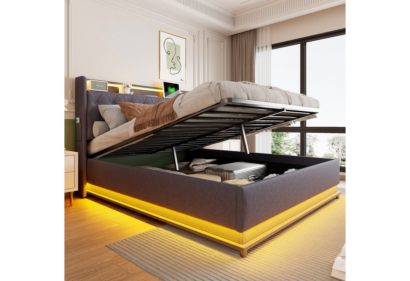 Merax Polsterbett mit LED-Beleuchtung & USB-Ladeanschluss (1-tlg., Hydraulisches Stauraumbett Mehrzweckbett Jugendbett), Doppelbett 140x200cm mit hydraulischem Stauraum & Regal, Leinenstoff von Merax