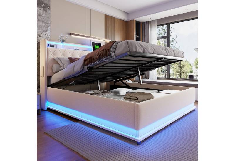 Merax Polsterbett mit LED-Beleuchtung & USB-Ladeanschluss (1-tlg., Hydraulisches Stauraumbett Mehrzweckbett Jugendbett), Doppelbett 140x200cm mit hydraulischem Stauraum & Regal, Leinenstoff von Merax