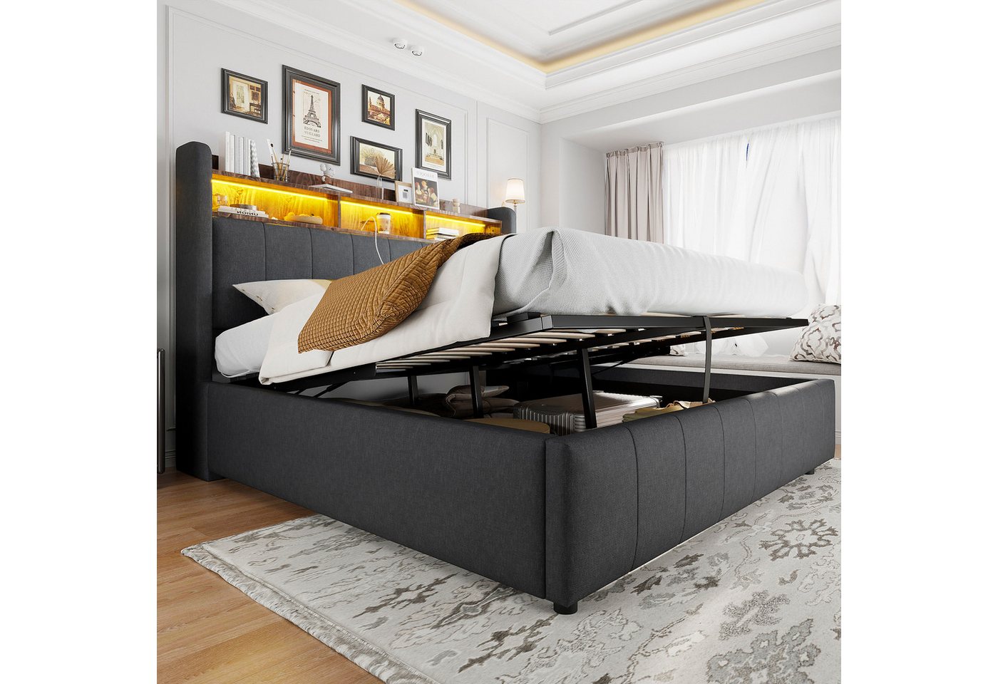 Merax Polsterbett mit LED-Beleuchtung und USB-Ladefunktion (1-tlg., Stauraumbett aus Leinen), Hydraulische Doppelbett 140x200cm mit Stauraum & Regalen im Kopfteil von Merax