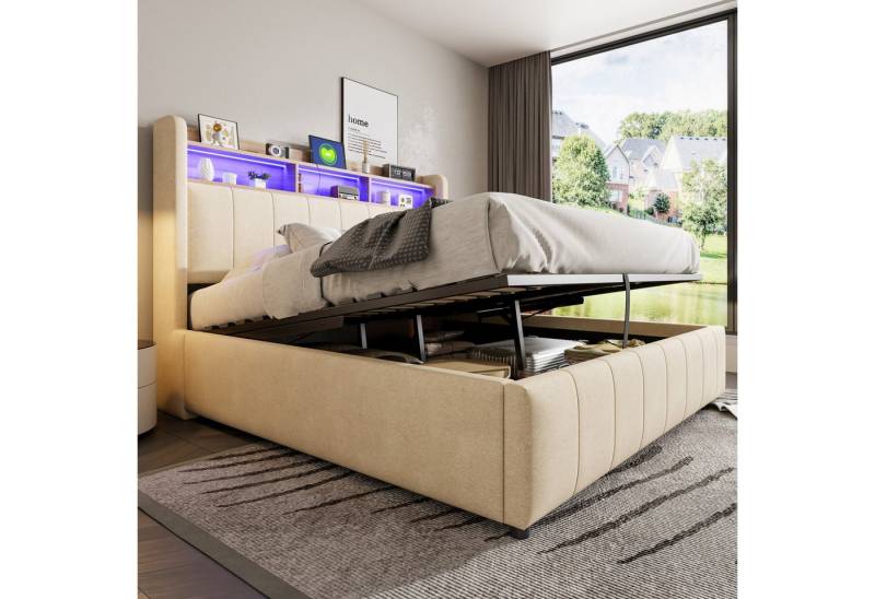 Merax Polsterbett mit LED-Beleuchtung und USB-Ladefunktion (1-tlg., Stauraumbett aus Leinen), Hydraulische Doppelbett 140x200cm mit Stauraum & Regalen im Kopfteil von Merax