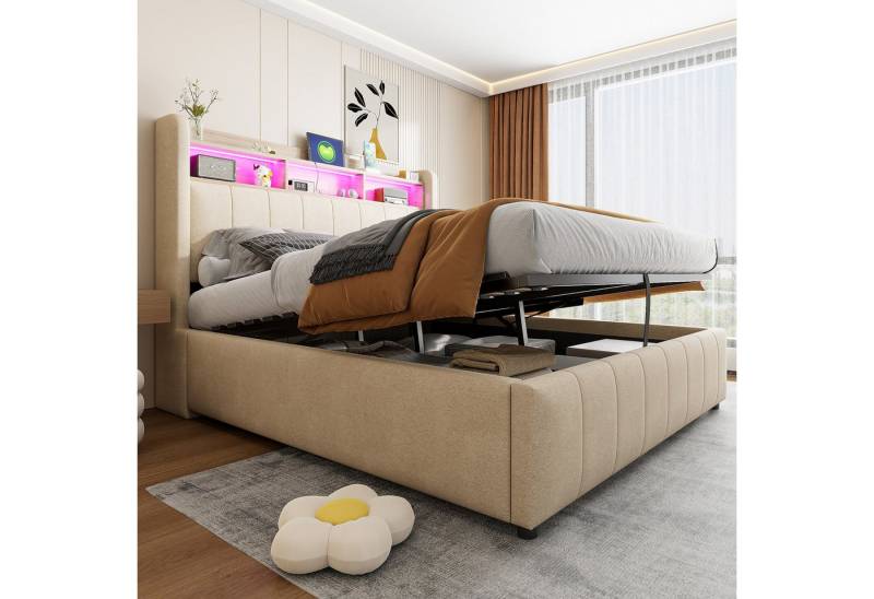 Merax Polsterbett mit LED-Beleuchtung und USB-Ladefunktion (1-tlg., Stauraumbett aus Leinen), Hydraulische Doppelbett 140x200cm mit Stauraum & Regalen im Kopfteil von Merax