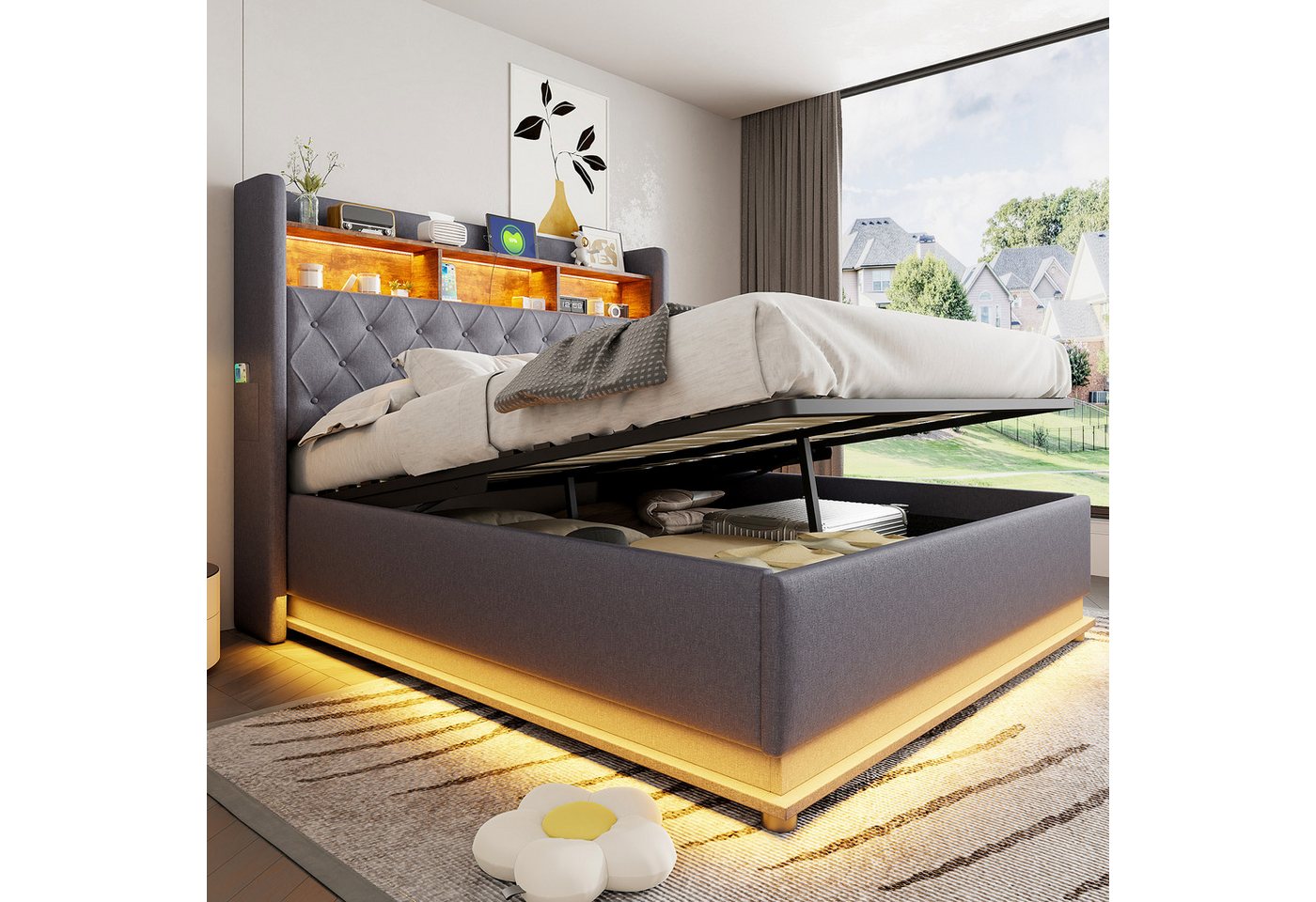 Merax Polsterbett mit LED-Leuchten und USB (1-tlg., Hydraulisches Stauraumbett Mehrzweckbett), Doppelbett 160x200cm mit hydraulischem Stauraum & Ablagefächern,Leinen von Merax