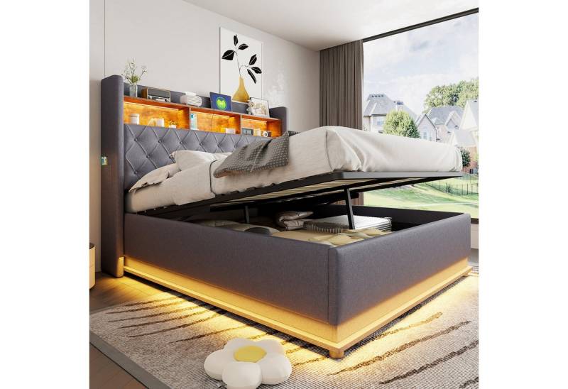Merax Polsterbett mit LED-Leuchten und USB (1-tlg., Hydraulisches Stauraumbett Mehrzweckbett), Doppelbett 160x200cm mit hydraulischem Stauraum & Ablagefächern,Leinen von Merax