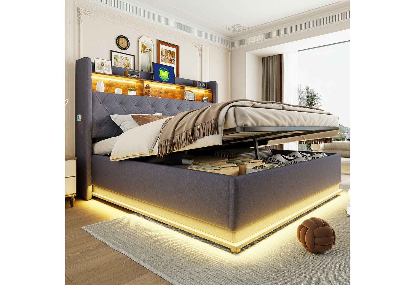 Merax Polsterbett mit LED-Leuchten und USB (1-tlg., Hydraulisches Stauraumbett Mehrzweckbett), Doppelbett 180x200cm mit hydraulischem Stauraum & Ablagefächern,Leinen von Merax